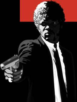 Stylizace Samuela L. Jacksona mířícího pistolí na uživatele